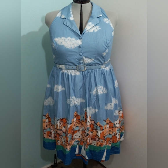 Modcloth Greek Skyline Border Print Halter Dress with Belt - Picture 2 of 16